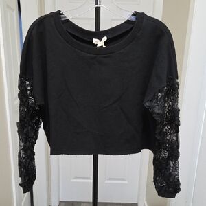 Nwt Hem & Thread Black Floral Lace Mesh Sequin Sleeves Semi Crop Top Boxy Fit